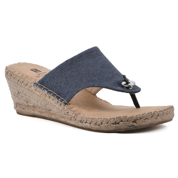 ๐ฃWHITE MOUNTAIN Beachball Wedge Sandals in Denim Blue Canvas - Picture 2 of 13